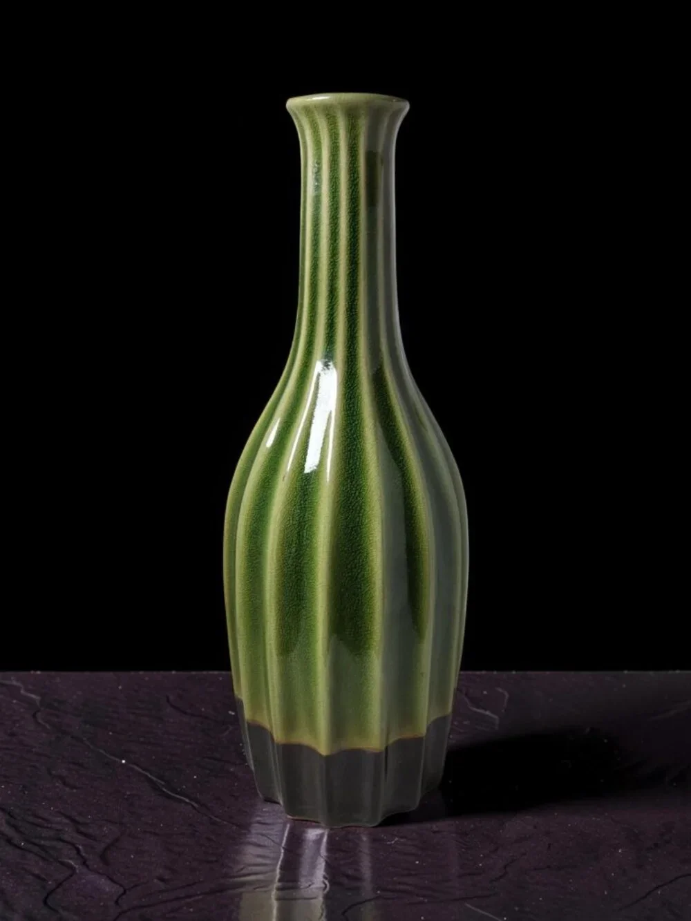 Vintage Dk.Green,Black Heavy Ceramic Ribbed Flanged Lip Vase